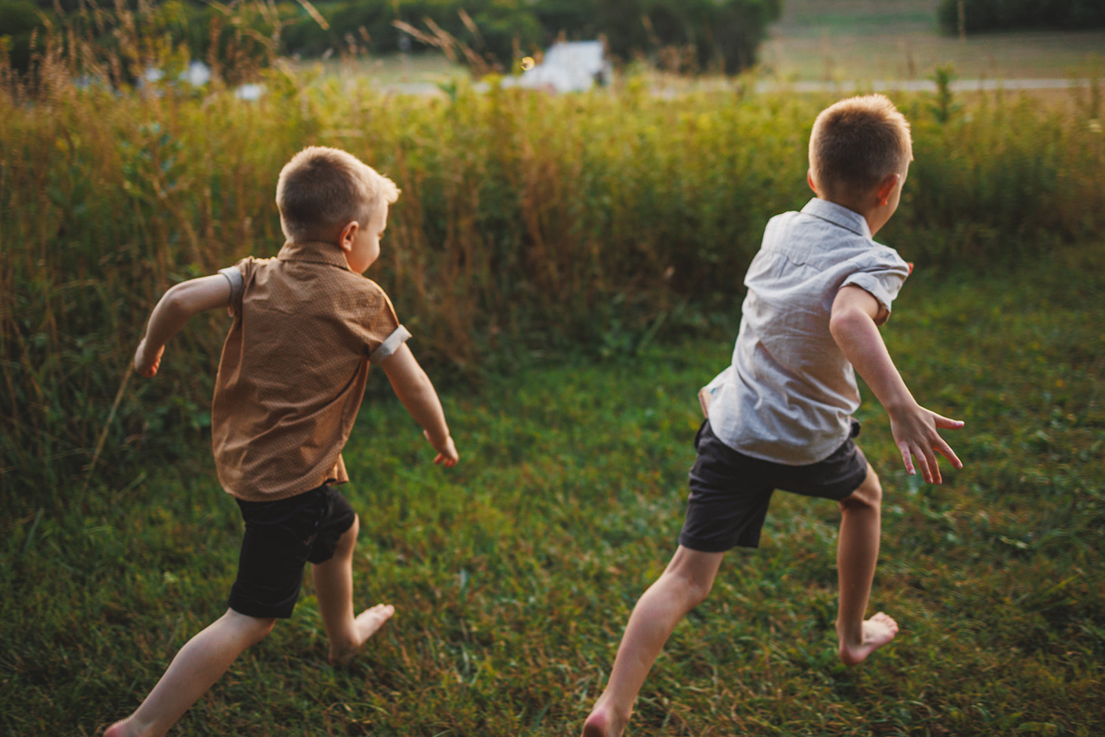 Children running through a wide summer field at golden hour during a Before the Fireflies session