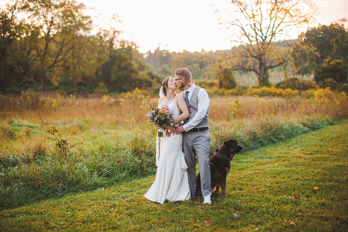 Amie and Cody kissing in the golden meadow at Zigbone Farm Retreat while Cujo sits at their side like part of the portrait