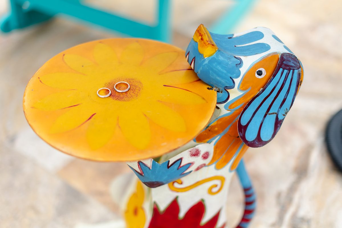 Both wedding bands resting on the yellow painted sunflower tray of a brightly painted folk-art bird sculpture in the garden