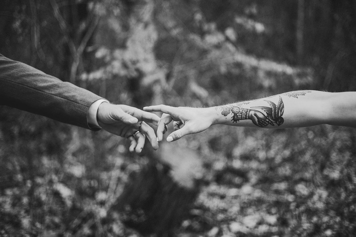 Two hands reaching toward each other over mossy ground, fingertips almost touching