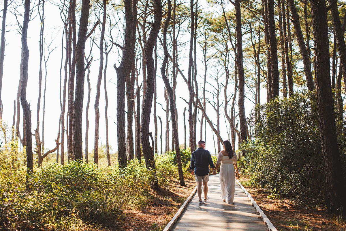 A couple walking a long wooden boardwalk beneath tall thin coastal pines