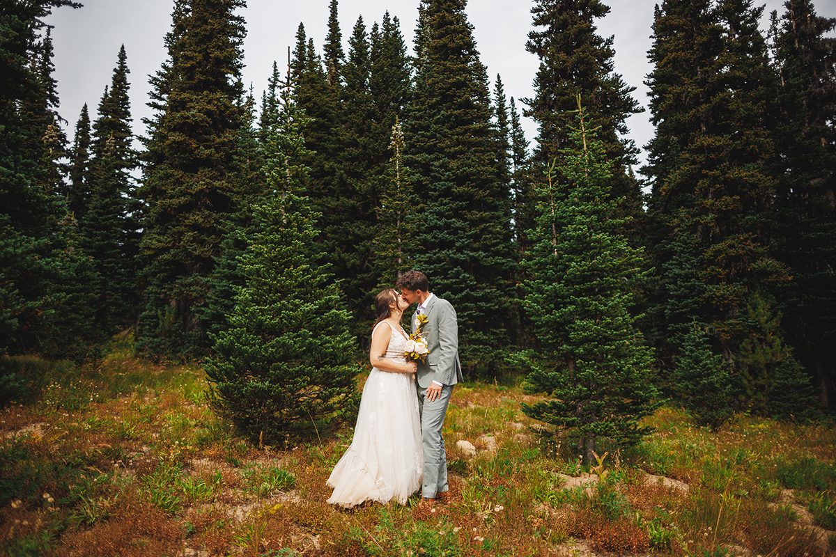 A couple holding each other in a subalpine meadow ringed with dark evergreens