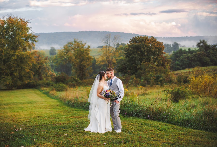 Amie and Cody nose to nose in the meadow at Zigbone Farm Retreat, mist on the ridge and a pink evening sky behind them